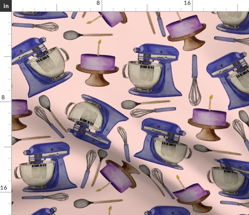 Blue Kitchen aids, cakes, Whisks, and Spatulas on a Light pink background