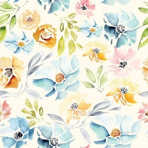 Soft watercolour flowers in blue, pink, yellow on beige background