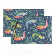 Frolicsome Axolotl Blue Yonder Small - hand-drawn, salamander, lakes, amphibians, aquatic animals, fish, bubbles, whimsical, nature, aquarium, pets, bright colors, green, blue, cute, fun, clothes, kids, children, boys, nursery decor, playroom, dreamy