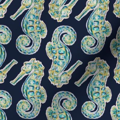 Painted Seahorse Pattern01, on a Dark Blue Background