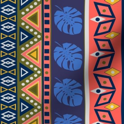 ethnic striped ornament with tropical leaves