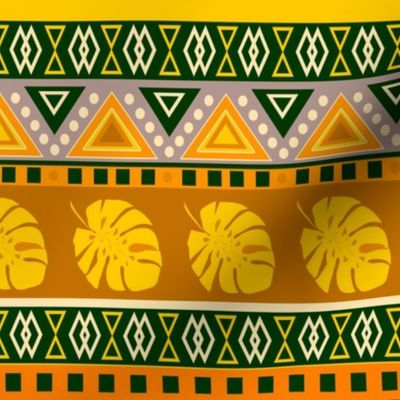 Yellow green brown striped ornament with tropical leaves 
