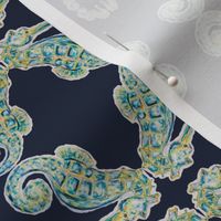 Painted Seahorse Pattern03, on a Dark Blue Background