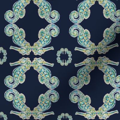 Painted Seahorse Pattern03, on a Dark Blue Background