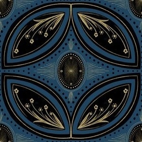Cleo Vintage Glamour - Art Deco - Art Nouveau - Tessellation - Navy Blue Jewel Tone -  Black and Gold - Dark and Moody - Medium