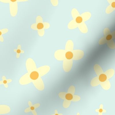 Little white and yellow flower on a blue background