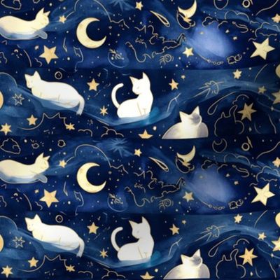 Cat Silhouettes in Enchanted Night Sky, Watercolor design