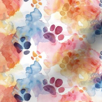 Watercolor Purple Paw Prints on Rainbow Background, Abstract