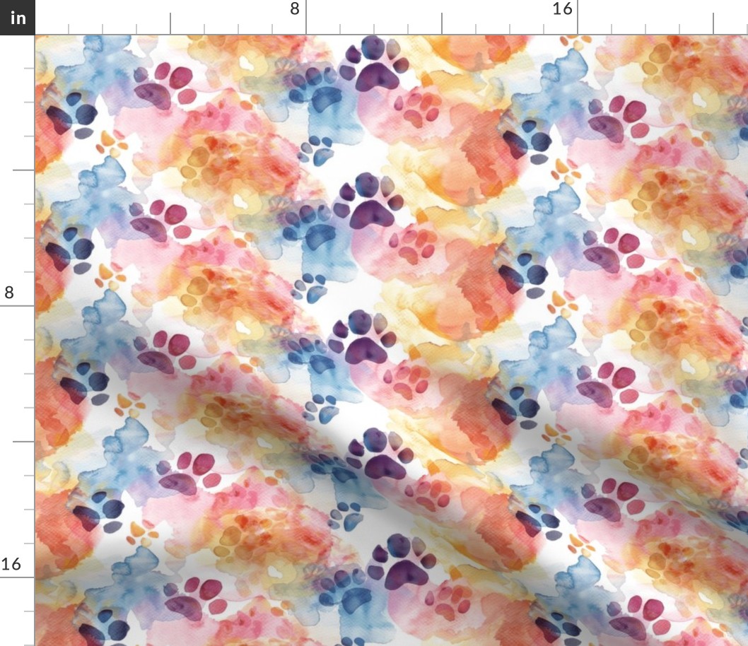 Watercolor Purple Paw Prints on Rainbow Background, Abstract