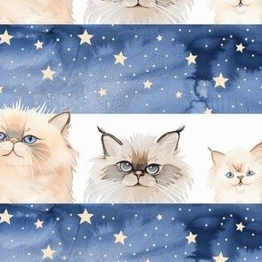 Cute Watercolor Cats and Night Sky, Rows, Nursery