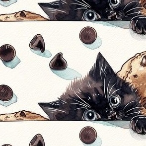 Watercolor, Cute Rows of Black kitten, Chocolate Cookies and Chips
