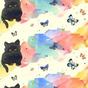 Adorable Watercolor Black Kitten and Butterflies On Rainbow Gradient