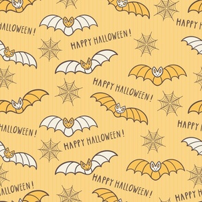 Kitschy-yellow-beige-flying-Halloween-bats-on-a-vanilla-yellow-background-with-cobwebs-and-lines-XL-jumbo