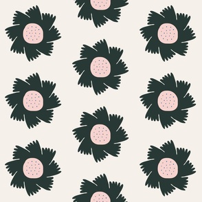 Small - simple , modern graphic floral print for fabric in black and white with pastel pink