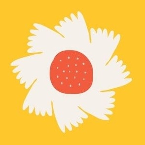 Small - simple , modern graphic floral print for fabric in white and red with bright yellow