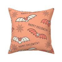 Kitschy-peach-orange-beige-flying-Halloween-bats-on-a-peach-background-with-cobwebs-and-lines-XL-jumbo