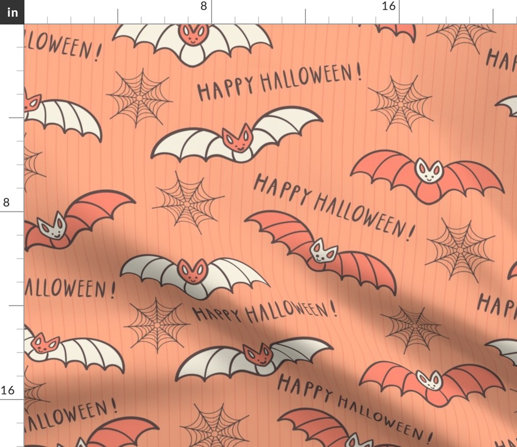 Kitschy-peach-orange-beige-flying-Halloween-bats-on-a-peach-background-with-cobwebs-and-lines-XL-jumbo