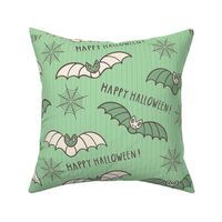 Kitschy-green-beige-flying-Halloween-bats-on-a-pastel-mint-green-background-with-cobwebs-and-lines-XL-jumbo