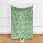 Kitschy-green-beige-flying-Halloween-bats-on-a-pastel-mint-green-background-with-cobwebs-and-lines-XL-jumbo