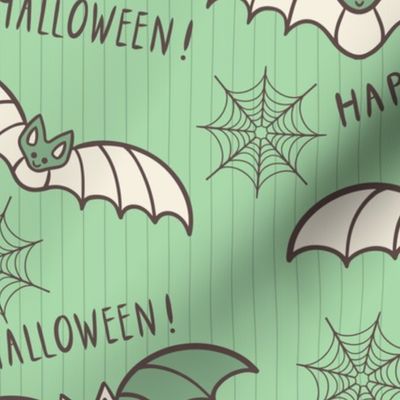 Kitschy-green-beige-flying-Halloween-bats-on-a-pastel-mint-green-background-with-cobwebs-and-lines-XL-jumbo