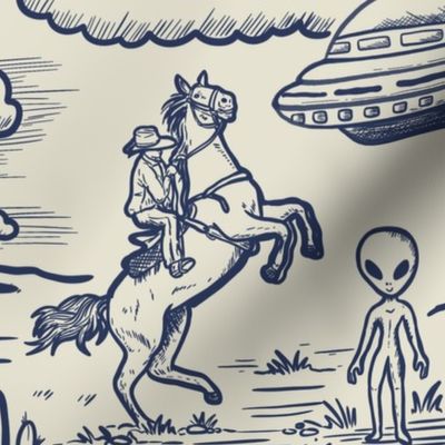 Western alien abduction Toile De Jouy Pattern , funny western ufo WB24 large scale navy 