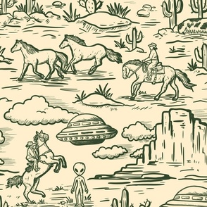 Western alien abduction Toile De Jouy Pattern , funny western ufo WB24 large scale forest green and pastel beige