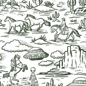 Western alien abduction Toile De Jouy Pattern , funny western ufo WB24 large scale forest green and white