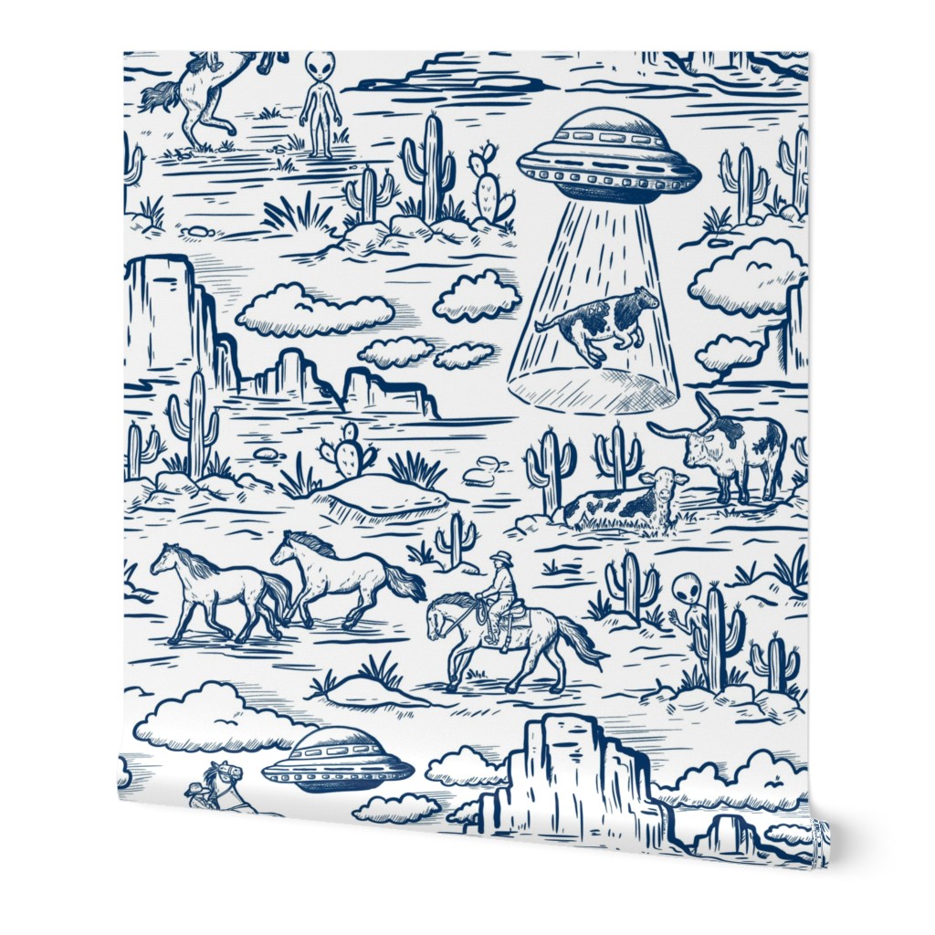 Western alien abduction Toile De Jouy Pattern , funny western ufo WB24 large scale navy  and white