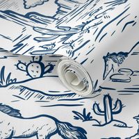 Western alien abduction Toile De Jouy Pattern , funny western ufo WB24 large scale navy  and white