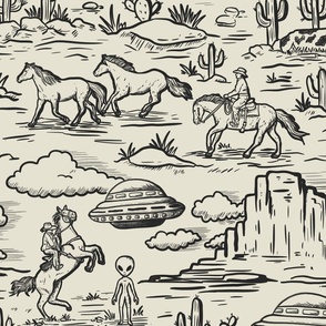 Western alien abduction Toile De Jouy Pattern , funny western ufo WB24 large scale black and cream