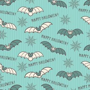 Kitschy-blue-beige-flying-Halloween-bats-on-a-pastel-baby-blue-background-with-cobwebs-and-lines-XL-jumbo-NEW