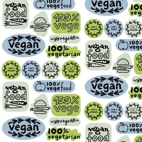 vegan vegetarian colorful doodle badge pattern on white background