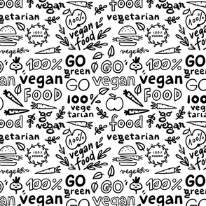 go green go vegan monochrome doodle pattern on white background