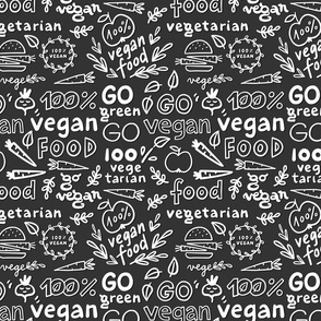 go green go vegan monochrome doodle pattern on dark background