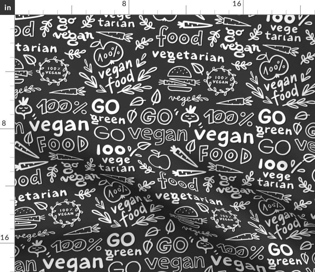 go green go vegan monochrome doodle pattern on dark background