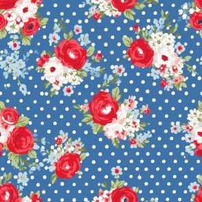 Blue and red flowers,roses,polka dots ,shabby red white and blue 