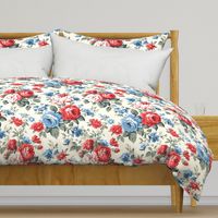 Blue and red flowers,roses,cream background  ,shabby red white and blue 