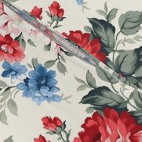 Blue and red flowers,roses,cream background  ,shabby red white and blue 