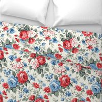 Blue and red flowers,roses,cream background  ,shabby red white and blue 
