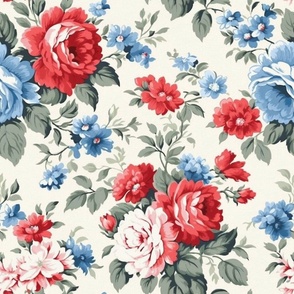 Blue and red flowers,roses,cream background  ,shabby red white and blue 