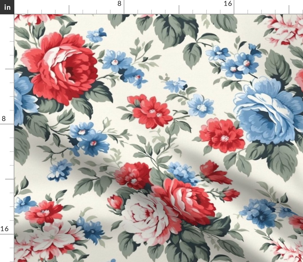 Blue and red flowers,roses,cream background  ,shabby red white and blue 