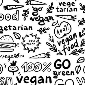 LARGE go green go vegan monochrome doodle pattern on white background