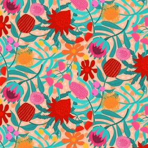  Australian Flowers  design with banksia, protea, billy buttons, waratah, gum, hakea, lilly pilly, christmas bush flowers etc in pink orange red over peachy background, modern abstract floral botanical pattern  in vintage organic  linen optic