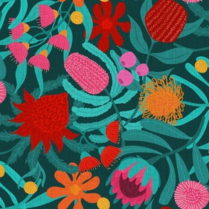 Australian Flowers  design with banksia, protea, billy buttons, waratah, gum, hakea, lilly pilly, christmas bush flowers etc in pink orange red teal viridian, modern floral botanical pattern  in vintage organic  linen optic