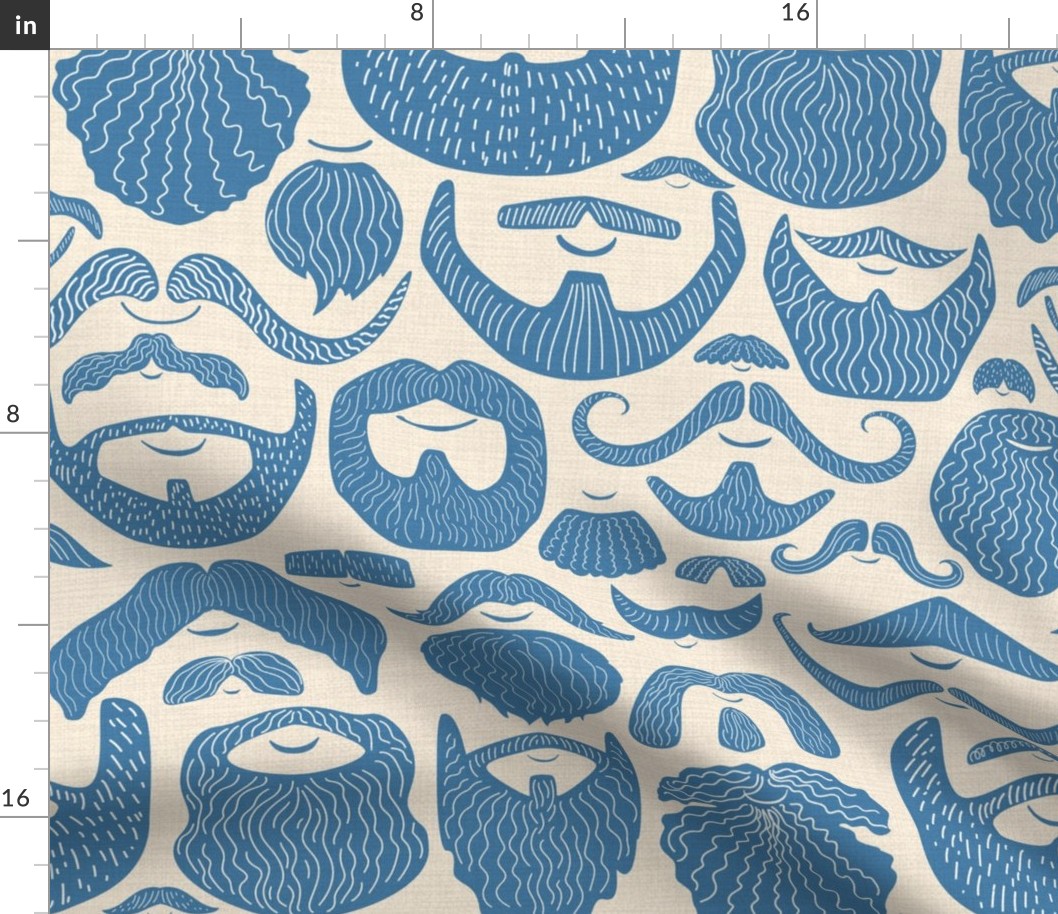 Let it grow - beards and mustaches- pale blue and off white  vintage style design with various hand drawn beard and mustache styles