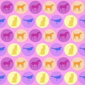 Cats,  dogs, horses  and birds in circles pink