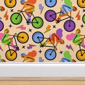 At lighting speed - cycling sport design in bright bold pop art style with speedy biking girl stars lightning bolts in rainbow colorful palette
