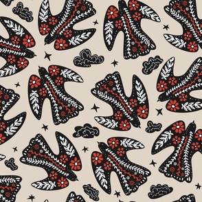 Birds, peace and flowers- scandinavian folk art cute flying in the sky peace birds, decorated with botanicals and florals design in vintage texture and red black white beige colors