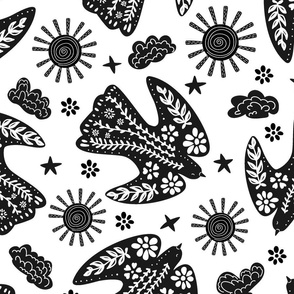 Birds, peace and flowers- black and white scandinavian folk art cute flying in the sky peace birds, decorated with botanicals and florals design in  nordic rustic style