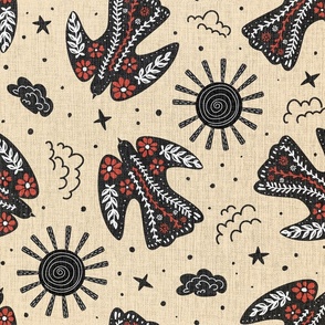 Birds, peace and flowers- beige black and red scandinavian folk art cute flying in the sunny sky peace birds, decorated with botanicals and florals design in nordic folksy rustic style